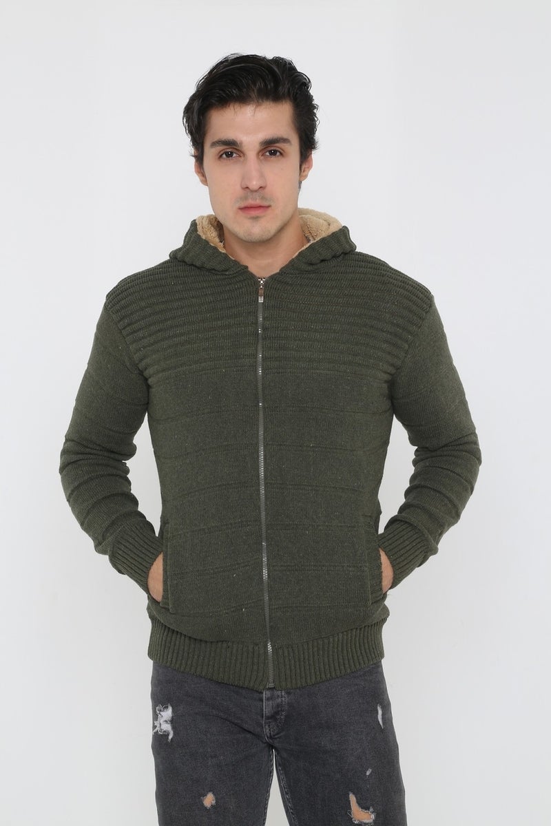 Kmk Men's Khaki Fur Lined Hooded Knitted Cardigan  - Image 2