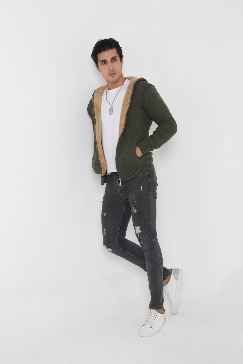 Kmk Men's Khaki Fur Lined Hooded Knitted Cardigan  - Image 5