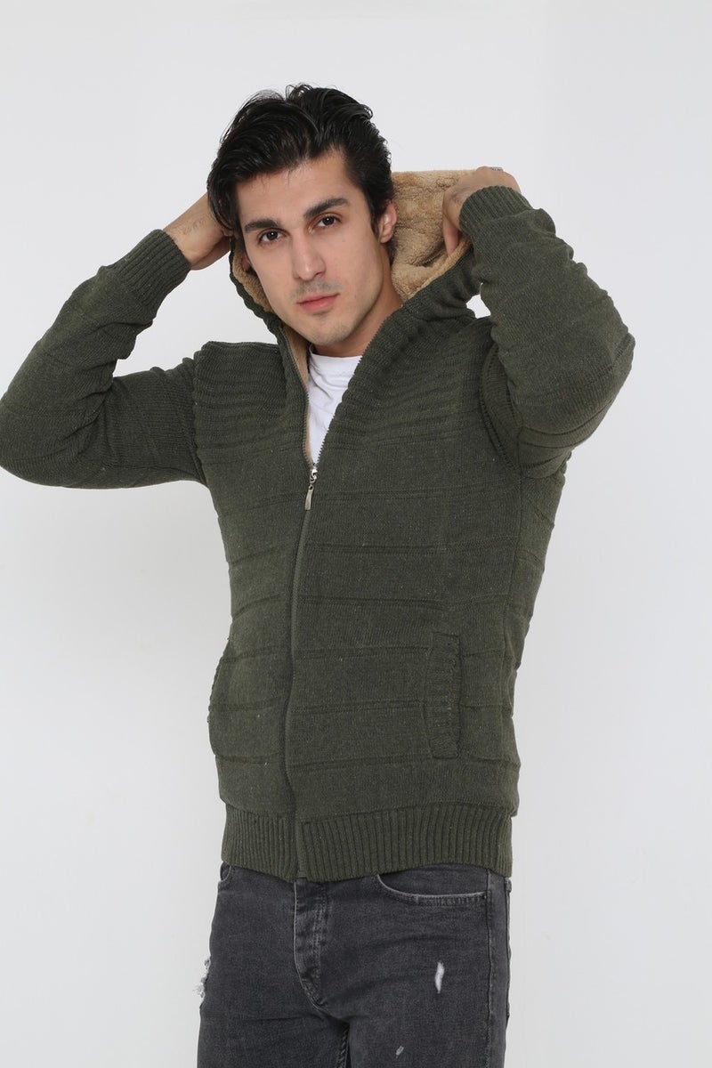 Kmk Men's Khaki Fur Lined Hooded Knitted Cardigan  - Image 3