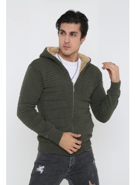 Kmk Men's Khaki Fur Lined Hooded Knitted Cardigan  - Image 1