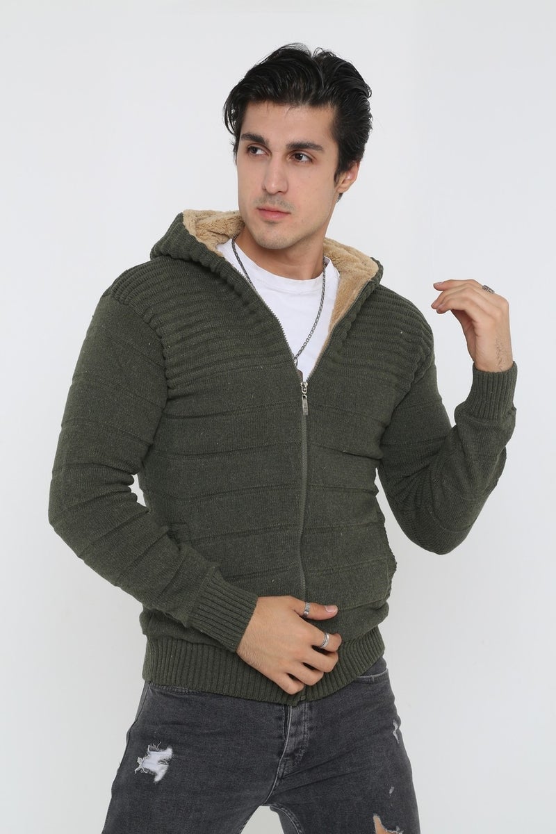 Kmk Men's Khaki Fur Lined Hooded Knitted Cardigan  - Image 1