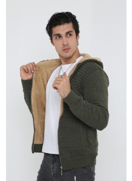Kmk Men's Khaki Fur Lined Hooded Knitted Cardigan  - Image 4
