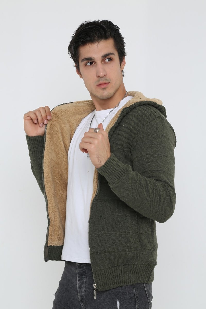 Kmk Men's Khaki Fur Lined Hooded Knitted Cardigan  - Image 4