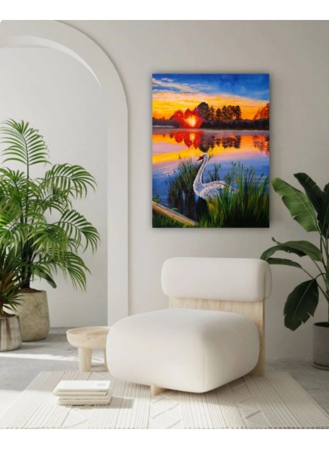 Original Sunset Oil Painting: Swan on River (24x31") - Image 5