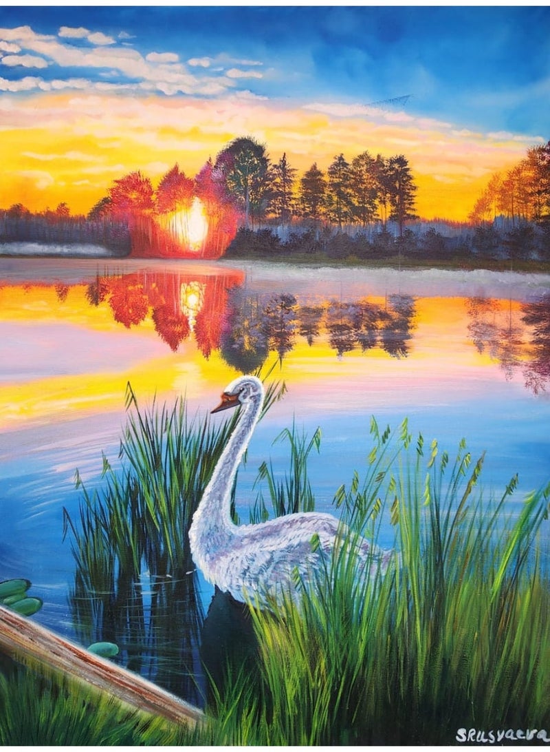 Original Sunset Oil Painting: Swan on River (24x31") - Image 2