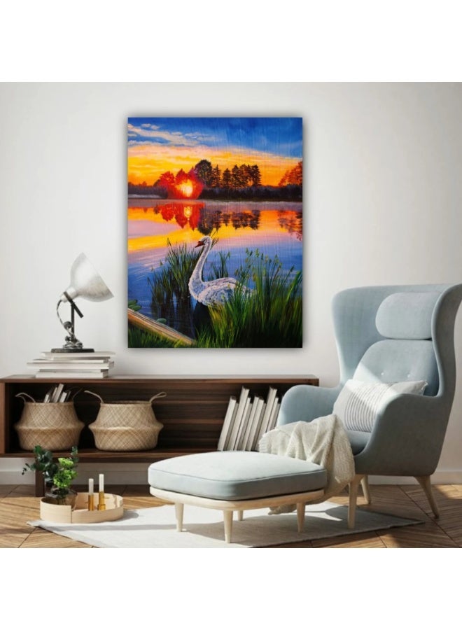 Original Sunset Oil Painting: Swan on River (24x31") - Image 4