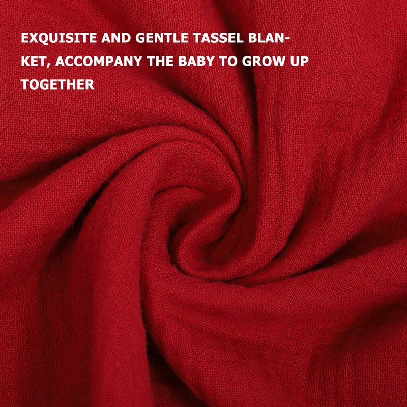 Burgundy Cotton Gauze Receiving Blanket for Newborns with Tassel Edge Comfortable Bedding - Image 4