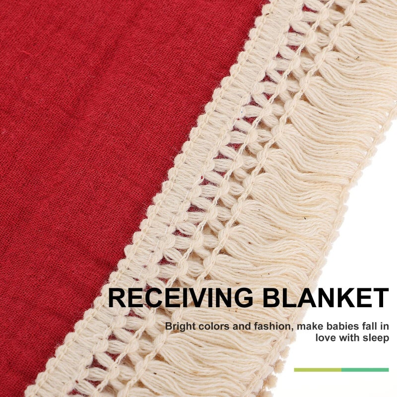 Burgundy Cotton Gauze Receiving Blanket for Newborns with Tassel Edge Comfortable Bedding - Image 5
