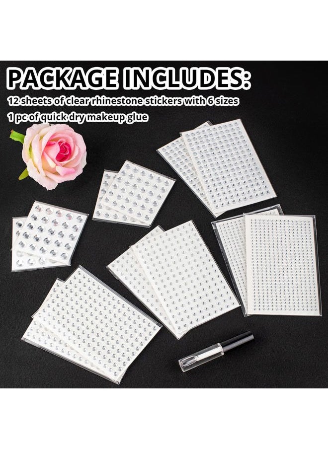 BELLEBOOST 1982 Pcs of Rhinestone Stickers in 3/4/5/6/8/10mm Clear Self Adhesive Face Gems, Stick on Body Crystal Jewels with Quick Dry Makeup Glue for Face Eye Hair Nails Make up and Craft DIY Decorations  - Image 2