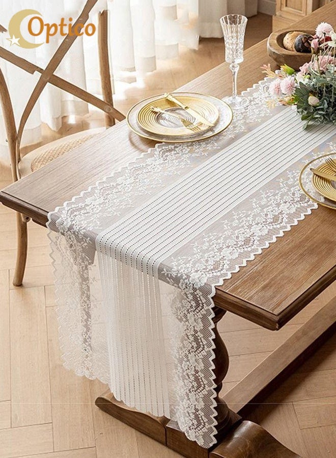 أوبتيكو مفرش طاولة من الدانتيل، مفرش طاولة رومانسي من الدانتيل بطول 5.9 قدم، مفرش طاولة طويل 5.9 قدم، وشاح تزيين طاولة عتيق بتصميم مخطط ومزخرف بالزهور، لطاولة قهوة للمطبخ وطاولة قهوة للنزهات ومأدبة زفاف وديكور منزلي لحفلات الزفاف (أبيض، 45 × 180 سم) - Image 1