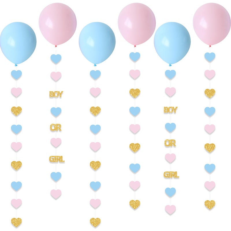 Blopee Boy or Girl Gender Reveal Decorations 6PC Pink Blue Balloon Tails with Heart Streamer Garland for Baby Shower Decorations - Image 1