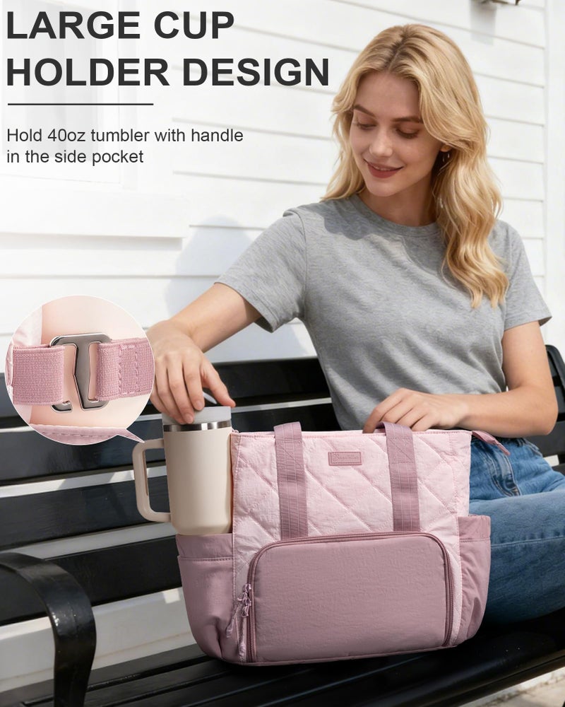 Bagstellar Puffer Lunch Tote Bag for Women, 15.6 Inch Laptop Work Bag with Insulated Lunch Compartment & Large Cup Holder, Lightweight Quilted Puffy Lunch Box Purse for Teacher Nurse Travel Office Daily School - Image 5