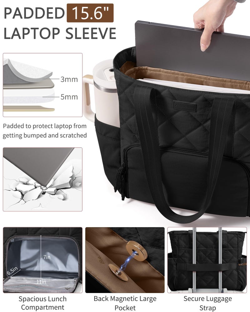Bagstellar Puffer Lunch Tote Bag for Women, 15.6 Inch Laptop Work Bag with Insulated Lunch Compartment & Large Cup Holder, Lightweight Quilted Puffy Lunch Box Purse for Teacher Nurse Travel Office Daily School - Image 4