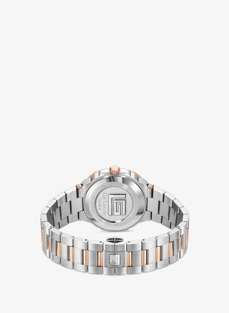 Guy Laroche Charlie Watch for Men with Silver and Rosegold Stainless Steel Bracelet 45 mm 5 Atm - Image 3