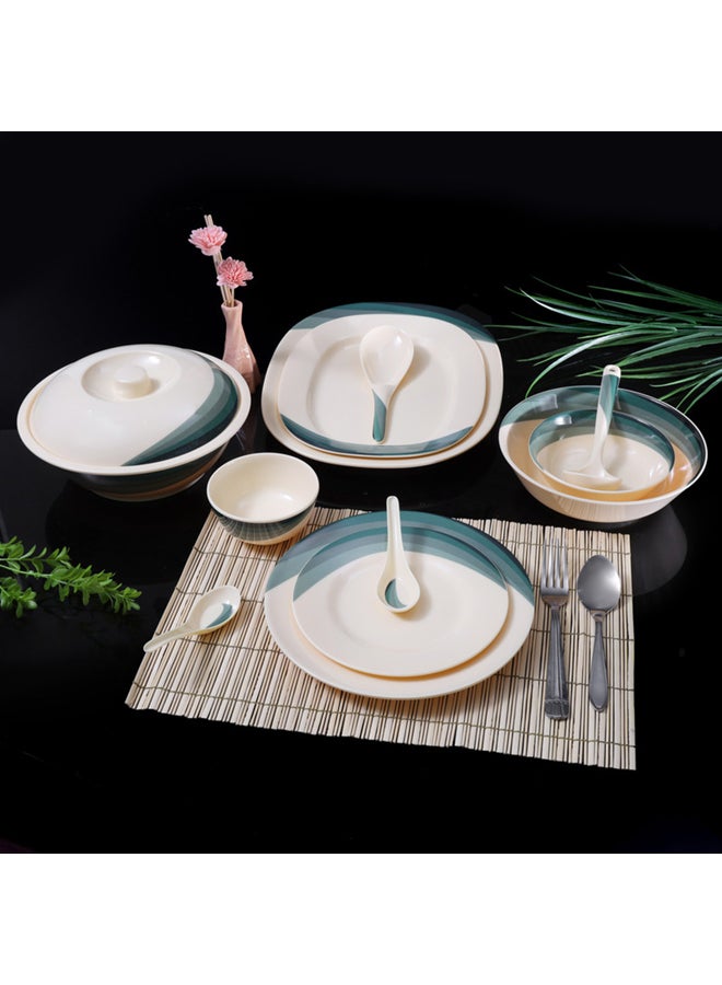 Royalford 64 Pcs Melamine Dinner Set – Eco Friendly, Includes Oval Plates, Dinner Plates, Dessert Plates, Round Bowls, Soup Bowls, Rice Spoons and Spoons| Top-Rack Dishwasher-Safe, Freezer-Friendly and Break Resistant| Eco-Friendly and Food-Grade| Beige & Green Beige/Green 14inch - Image 2