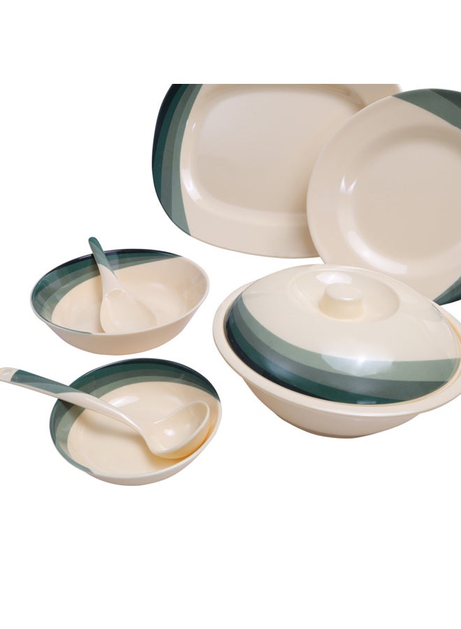 Royalford 64 Pcs Melamine Dinner Set – Eco Friendly, Includes Oval Plates, Dinner Plates, Dessert Plates, Round Bowls, Soup Bowls, Rice Spoons and Spoons| Top-Rack Dishwasher-Safe, Freezer-Friendly and Break Resistant| Eco-Friendly and Food-Grade| Beige & Green Beige/Green 14inch - Image 5