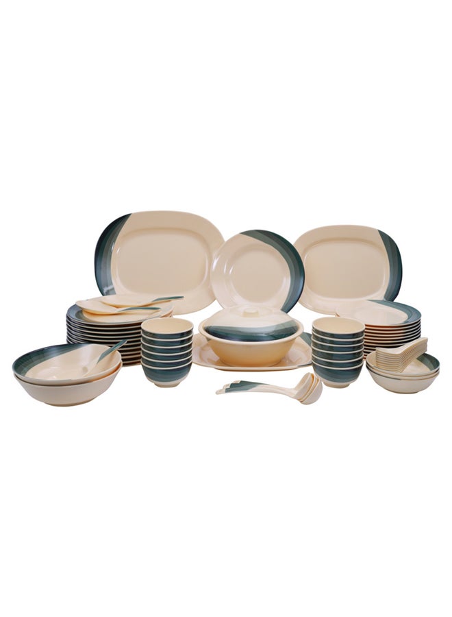 Royalford 64 Pcs Melamine Dinner Set – Eco Friendly, Includes Oval Plates, Dinner Plates, Dessert Plates, Round Bowls, Soup Bowls, Rice Spoons and Spoons| Top-Rack Dishwasher-Safe, Freezer-Friendly and Break Resistant| Eco-Friendly and Food-Grade| Beige & Green Beige/Green 14inch - Image 1