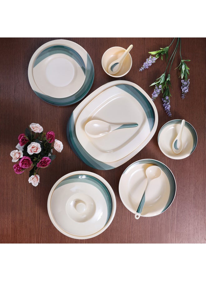 Royalford 64 Pcs Melamine Dinner Set – Eco Friendly, Includes Oval Plates, Dinner Plates, Dessert Plates, Round Bowls, Soup Bowls, Rice Spoons and Spoons| Top-Rack Dishwasher-Safe, Freezer-Friendly and Break Resistant| Eco-Friendly and Food-Grade| Beige & Green Beige/Green 14inch - Image 3