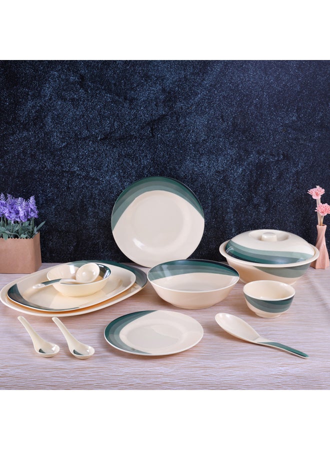 Royalford 64 Pcs Melamine Dinner Set – Eco Friendly, Includes Oval Plates, Dinner Plates, Dessert Plates, Round Bowls, Soup Bowls, Rice Spoons and Spoons| Top-Rack Dishwasher-Safe, Freezer-Friendly and Break Resistant| Eco-Friendly and Food-Grade| Beige & Green Beige/Green 14inch - Image 4