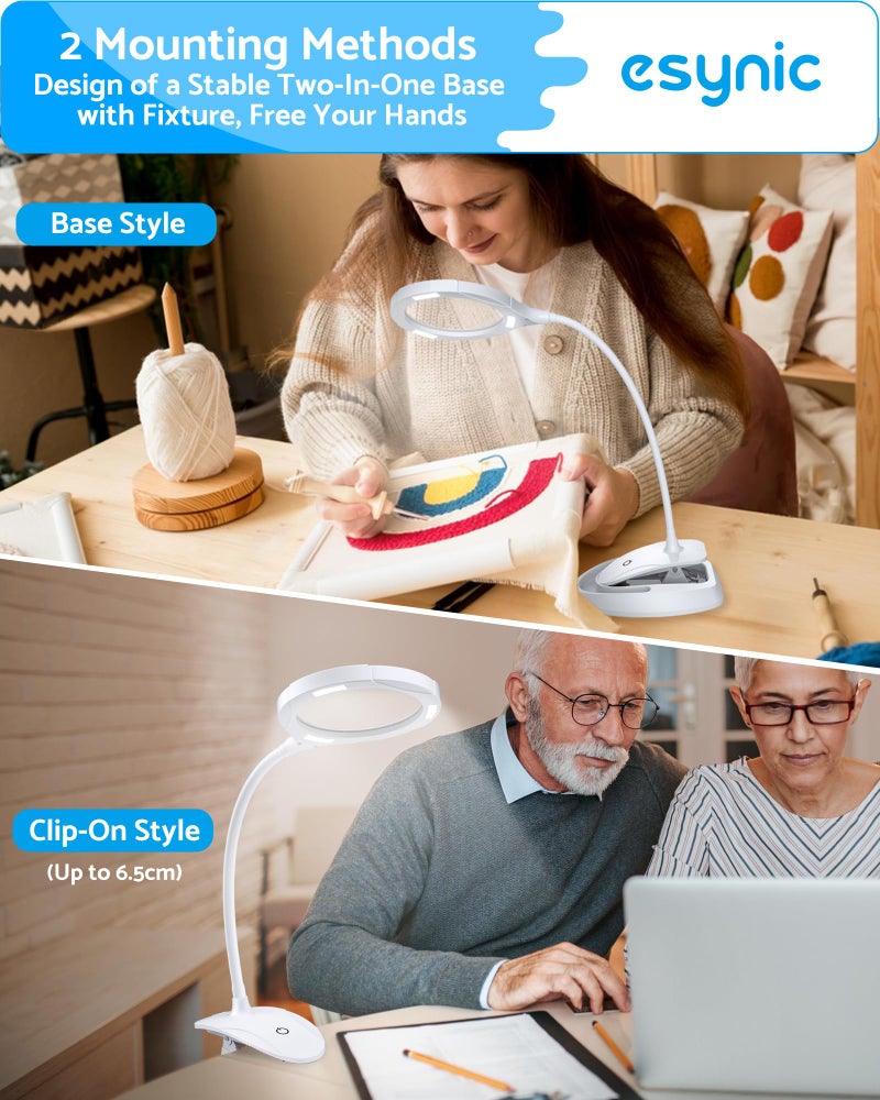 eSynic Magnifying Glass with Light and Stand USB-C Rechargeable 5X &10X 110mm Large Len 15 LEDs 3 Brightness Levels Flexible Desktop Magnifier Lamp with Clamp & Base for Reading Crafts Jewelry Repair - Image 3
