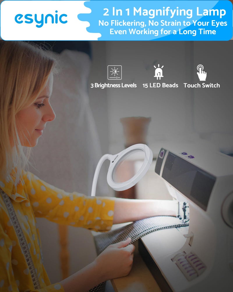 eSynic Magnifying Glass with Light and Stand USB-C Rechargeable 5X &10X 110mm Large Len 15 LEDs 3 Brightness Levels Flexible Desktop Magnifier Lamp with Clamp & Base for Reading Crafts Jewelry Repair - Image 4