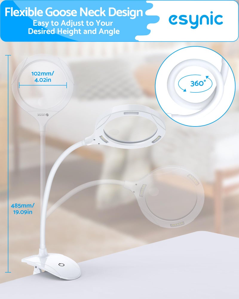 eSynic Magnifying Glass with Light and Stand USB-C Rechargeable 5X &10X 110mm Large Len 15 LEDs 3 Brightness Levels Flexible Desktop Magnifier Lamp with Clamp & Base for Reading Crafts Jewelry Repair - Image 5