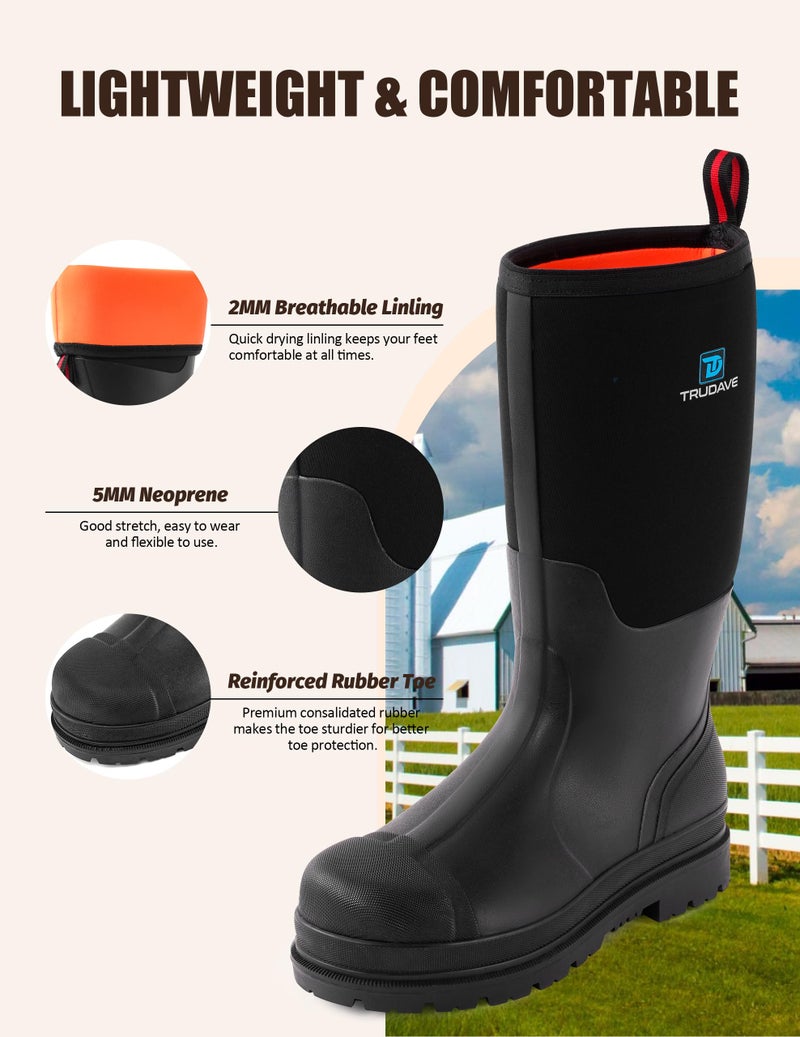 Trudave Rubber Boots for Men, Waterproof Rain Boots with Steel Shank & Reinforced Shell, 5mm Neoprene Insulated Knee mud Boots for Hunting Farming Fishing - Image 4