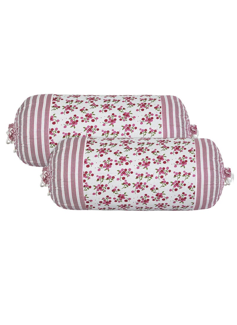 Kuber Industries Kuber Industries Bolster Covers Cotton Bolster Cover Set Diwan Bolster Cover Set Bolster Pillow Cover Pink Flower Masand Cover 16x32 Inch Pack of 2 White  - Image 1