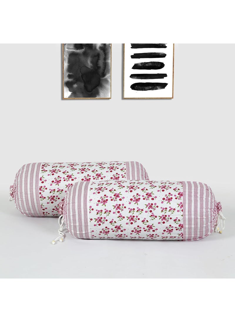 Kuber Industries Kuber Industries Bolster Covers Cotton Bolster Cover Set Diwan Bolster Cover Set Bolster Pillow Cover Pink Flower Masand Cover 16x32 Inch Pack of 2 White  - Image 2