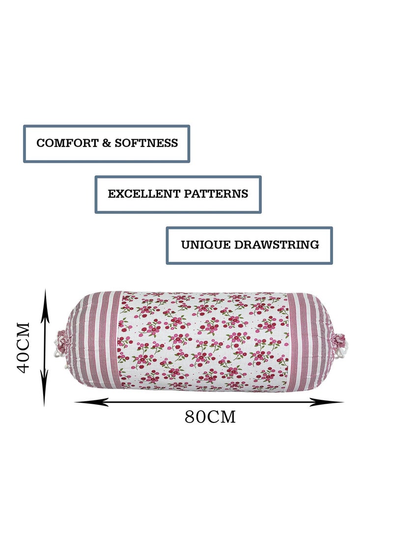 Kuber Industries Kuber Industries Bolster Covers Cotton Bolster Cover Set Diwan Bolster Cover Set Bolster Pillow Cover Pink Flower Masand Cover 16x32 Inch Pack of 2 White  - Image 3