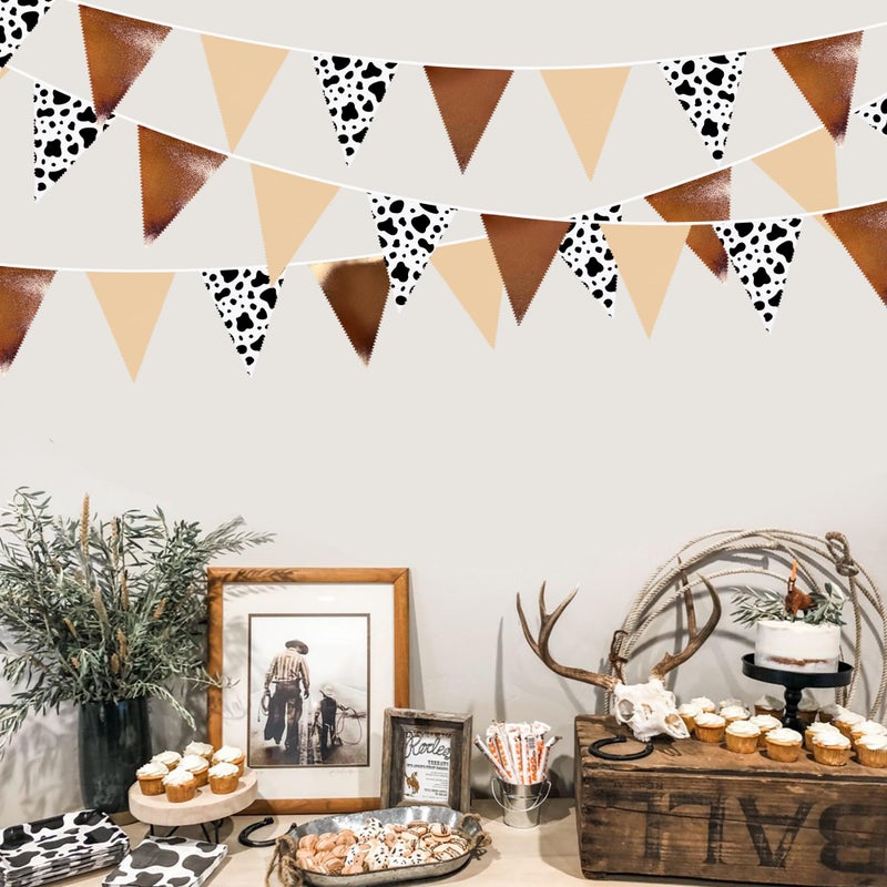 pinkblume 32Ft Cow Party Decorations Western Cowboy Triangle Flag Fabric Banner Pennant Garland Streamer For Western Cowgirls Cowboys Birthday Baby Shower Derby Day Festival Farm Cow Wild Party Decor Supplies - Image 3