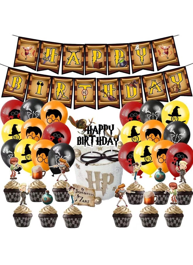 Zeemey - Harry Potter Balloon Set with Happy Birthday Banner,Cake Topper,Perfect for Graduation Baby Shower Birthday Bachelorette Party Backdrop Decoration,Suitable for Indoor and Outdoor - Image 1