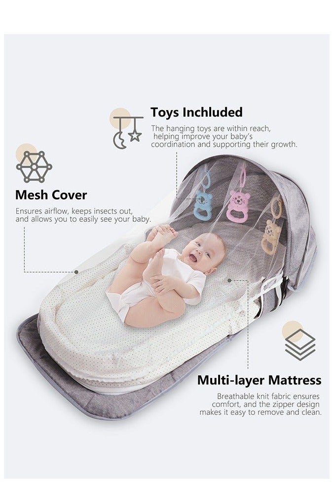 Portable Baby Bed with Mosquito Net, Foldable Newborn Travel Crib, Backpack Carry Baby Bed for Outdoor & Travel Use – Gray - Image 2