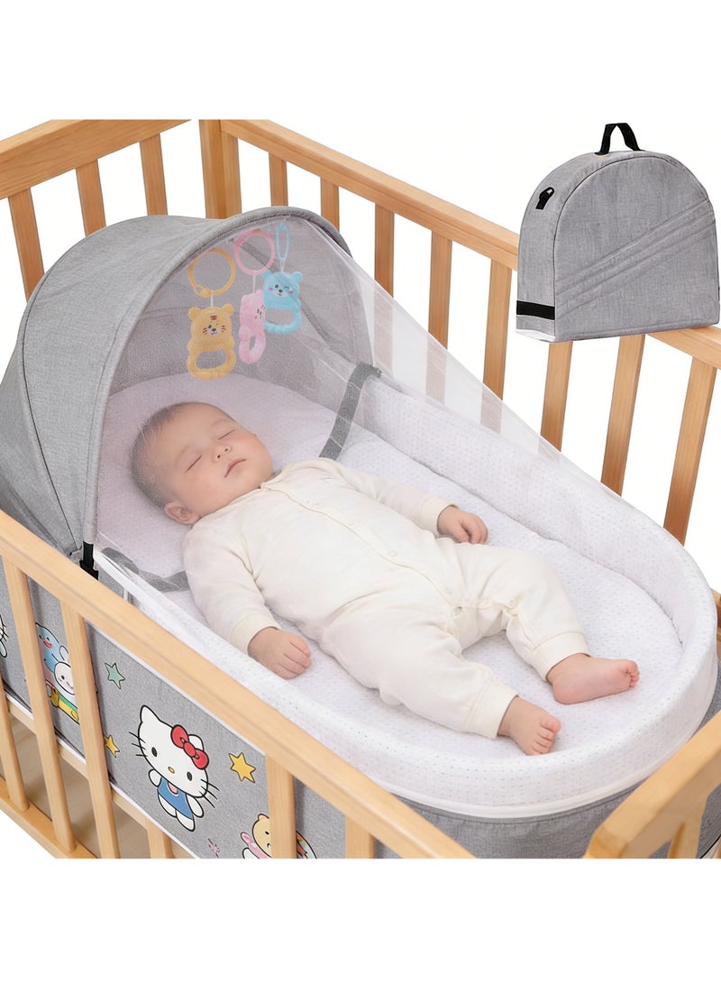Portable Baby Bed with Mosquito Net, Foldable Newborn Travel Crib, Backpack Carry Baby Bed for Outdoor & Travel Use – Gray - Image 1