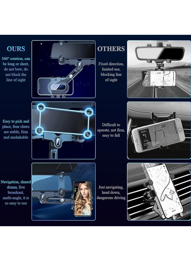 Excefore Rear View Mirror Phone Holder For Car 360° Rotatable And Retractable Car Phone Holder Universal Car Phone Holder Mount, Cell Phone Holder Car For Iphone 11 12 13 14 Pro Max Samsung All Phone - Image 2