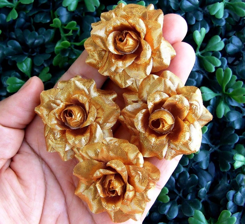 ICRAFY Artificial Flower, Silk Head Gold Roses 50 Pcs Faux Flowers Fake Flowers Perfect for DIY Wedding Backdrop Centerpieces Party Home Headband Arrangement Decorations (Size 1.75 in) - Image 4