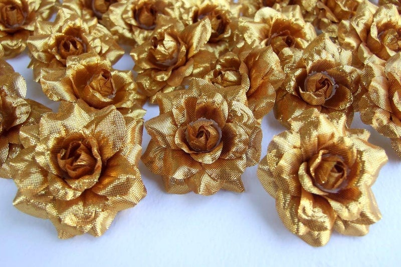 ICRAFY Artificial Flower, Silk Head Gold Roses 50 Pcs Faux Flowers Fake Flowers Perfect for DIY Wedding Backdrop Centerpieces Party Home Headband Arrangement Decorations (Size 1.75 in) - Image 1