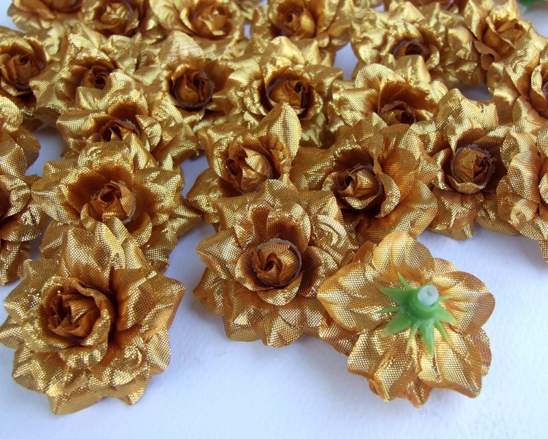 ICRAFY Artificial Flower, Silk Head Gold Roses 50 Pcs Faux Flowers Fake Flowers Perfect for DIY Wedding Backdrop Centerpieces Party Home Headband Arrangement Decorations (Size 1.75 in) - Image 2