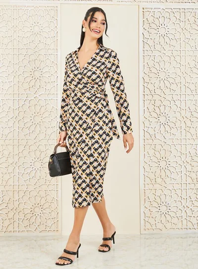 Styli Styli Self Tie Up Collared Wrap Midi Dress