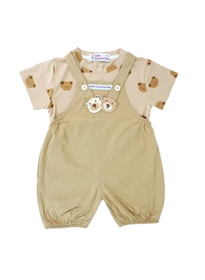 LITTLE SURPRISE BOX Box Brown Tee Cream Dungary Style 2Pcs Set For Toddlers And Kids-1-2Y
