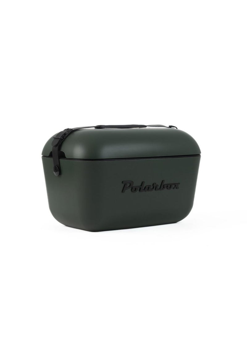 Polarbox Polarbox® 12 L Ice Box - Portable, Rigid Thermal Insulated Cooler Box, For Outdoor Beach Picnic, Party Drinks & Food Use - Storage Box - Limited Edition - Green Forest/ Black Cooler with Black Leather Strap - Image 1
