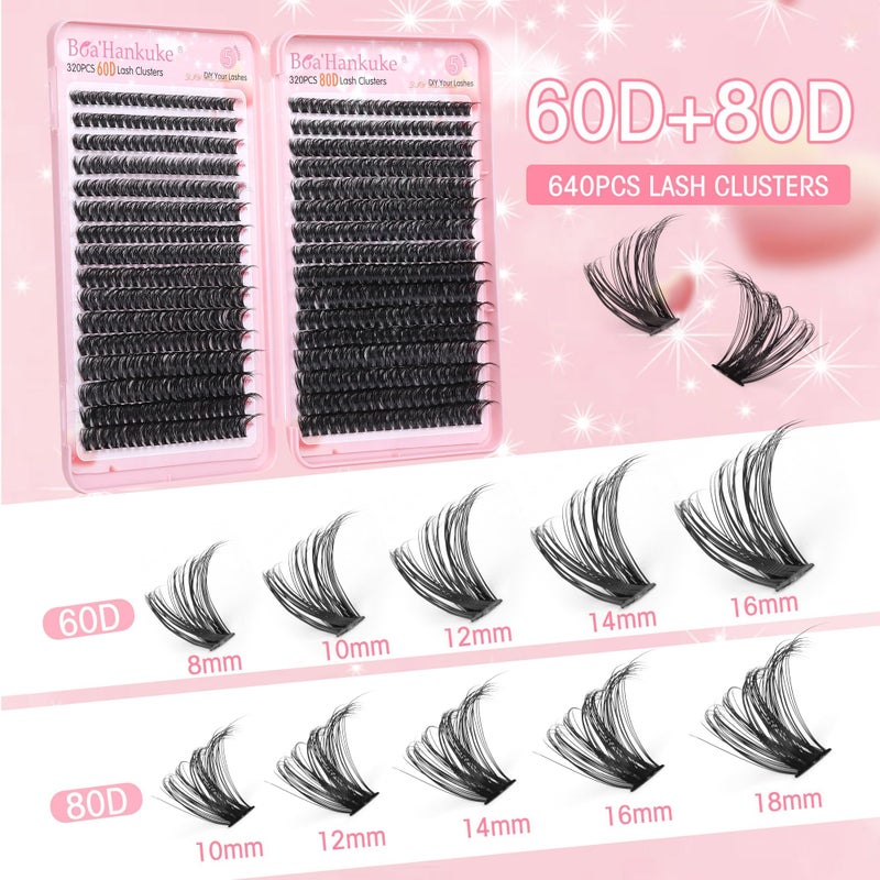 Boahankuke 640PCS Lash Clusters Kit DIY Lash Extension Kit D Curl Volume Eyelash Extensions Individual Lashes Kit with Lash Bond and Seal, Tweezers (60D 8-16mm, 80D 10-18mm) - Image 4