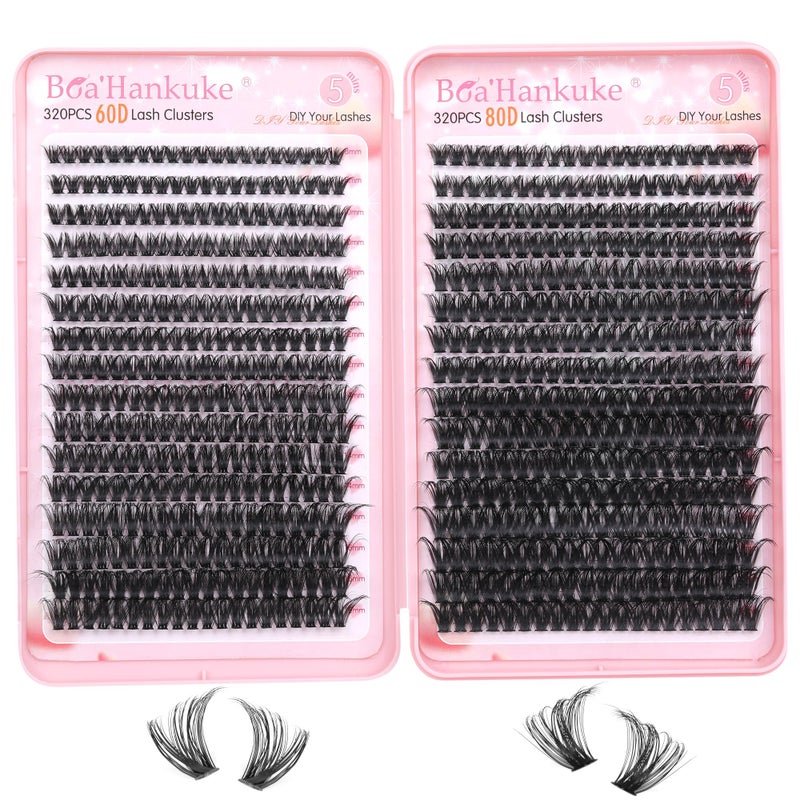 Boahankuke 640PCS Lash Clusters Kit DIY Lash Extension Kit D Curl Volume Eyelash Extensions Individual Lashes Kit with Lash Bond and Seal, Tweezers (60D 8-16mm, 80D 10-18mm) - Image 1