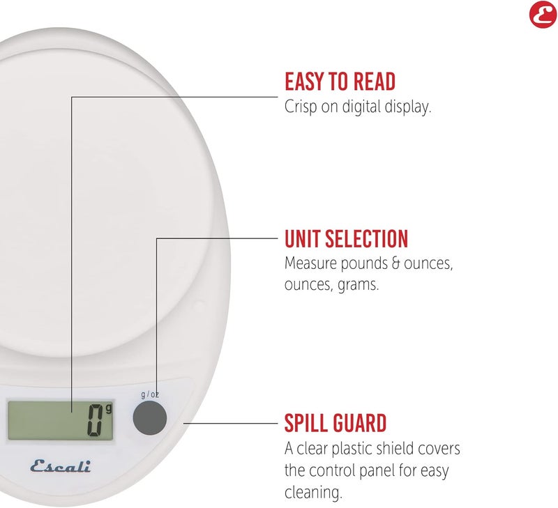 Escali Primo Digital Food Scale Multi-Functional Kitchen Scale and Baking Scale for Precise Weight Measuring and Portion Control, 8.5 x 6 x 1.5 inches, White - Image 3