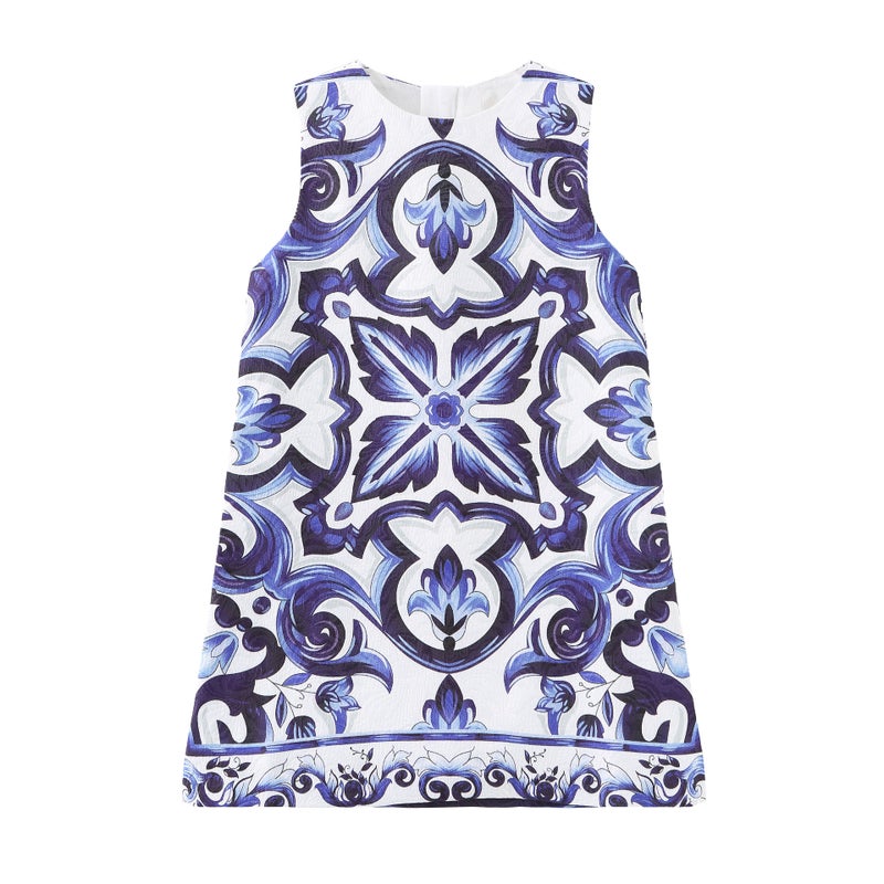 2023 Floral Porcelain Girls Dress Sleeveless Vest Kids Fashion Blue