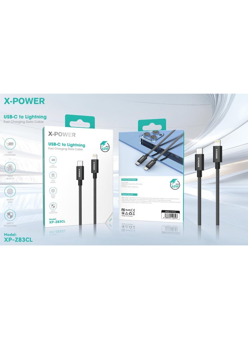 كابل بيانات X-POWER عالي السرعة من USB-C إلى Lightning بقوة 40 واط - XP-Z83CL (شحن ذكي وآمن)