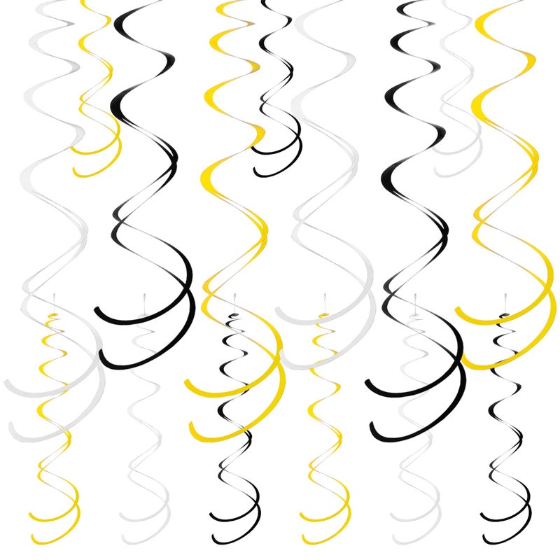Yymobt Colorful Ceiling Swirl Foil Decorations Hanging Plastic Streamer Themed Swirl Party for Halloween Graduation Celebration, Pack of 28 (Gold, Black and Sliver) - Image 1