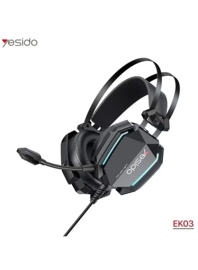Yesido EK03 Wired Gaming Headset with Omnidirectional Microphone, LED RGB Lighting, Hi-Res Audio, Stereo Surround Sound, Over Ear Headphones for PC, Laptop, Mac, Tablet and Mobile Phones, Black - Image 1