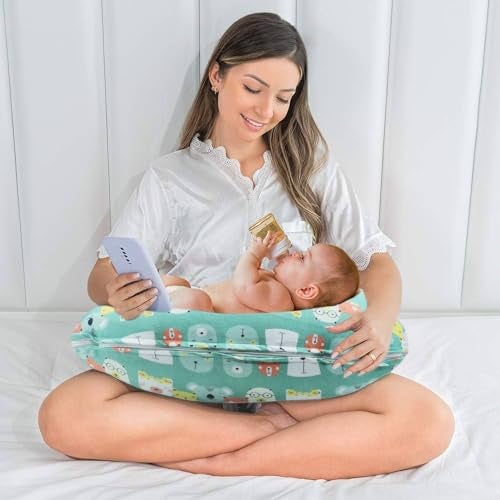 Kradyl Kroft 5in1 Baby Feeding Pillow with 100% Cotton Removable Cover | Breastfeeding Pillow | Nursing Pillow with Belt and Hoop (Green Panda) - Image 3