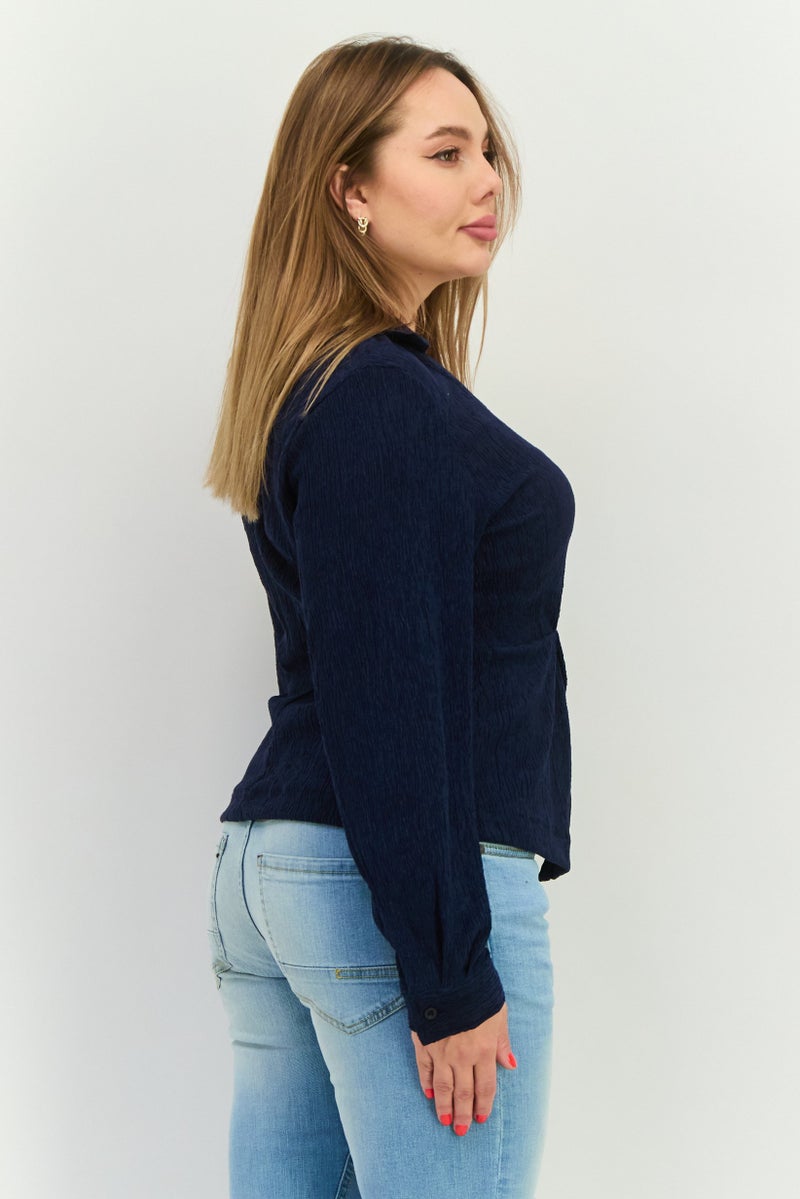 The Giving Movement Women V-Neck Long Sleeve Textured Blouse, Navy Blue - Image 4